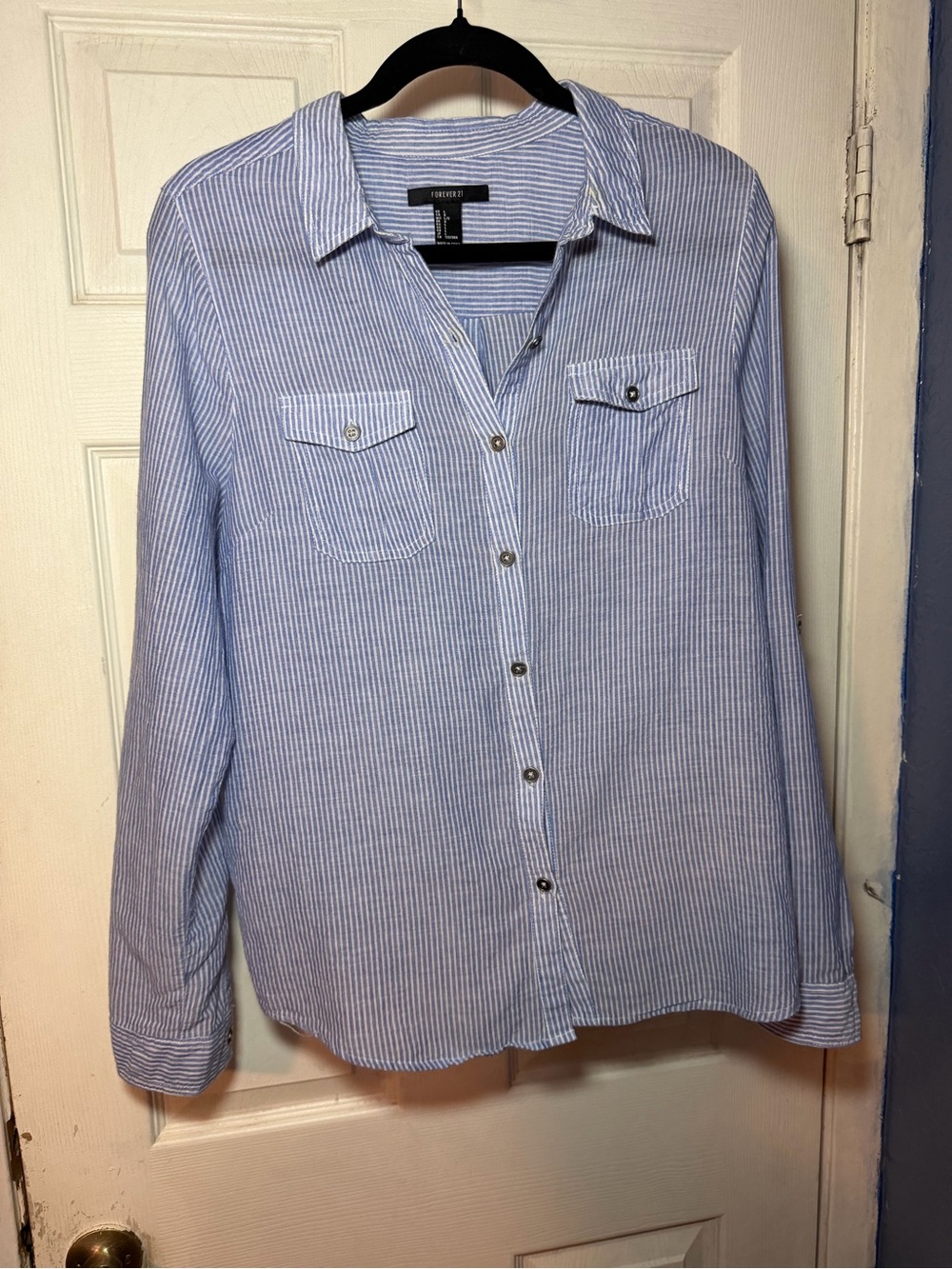Forever 21 Blue and White Pinstripe Casual Button-Down Shirt